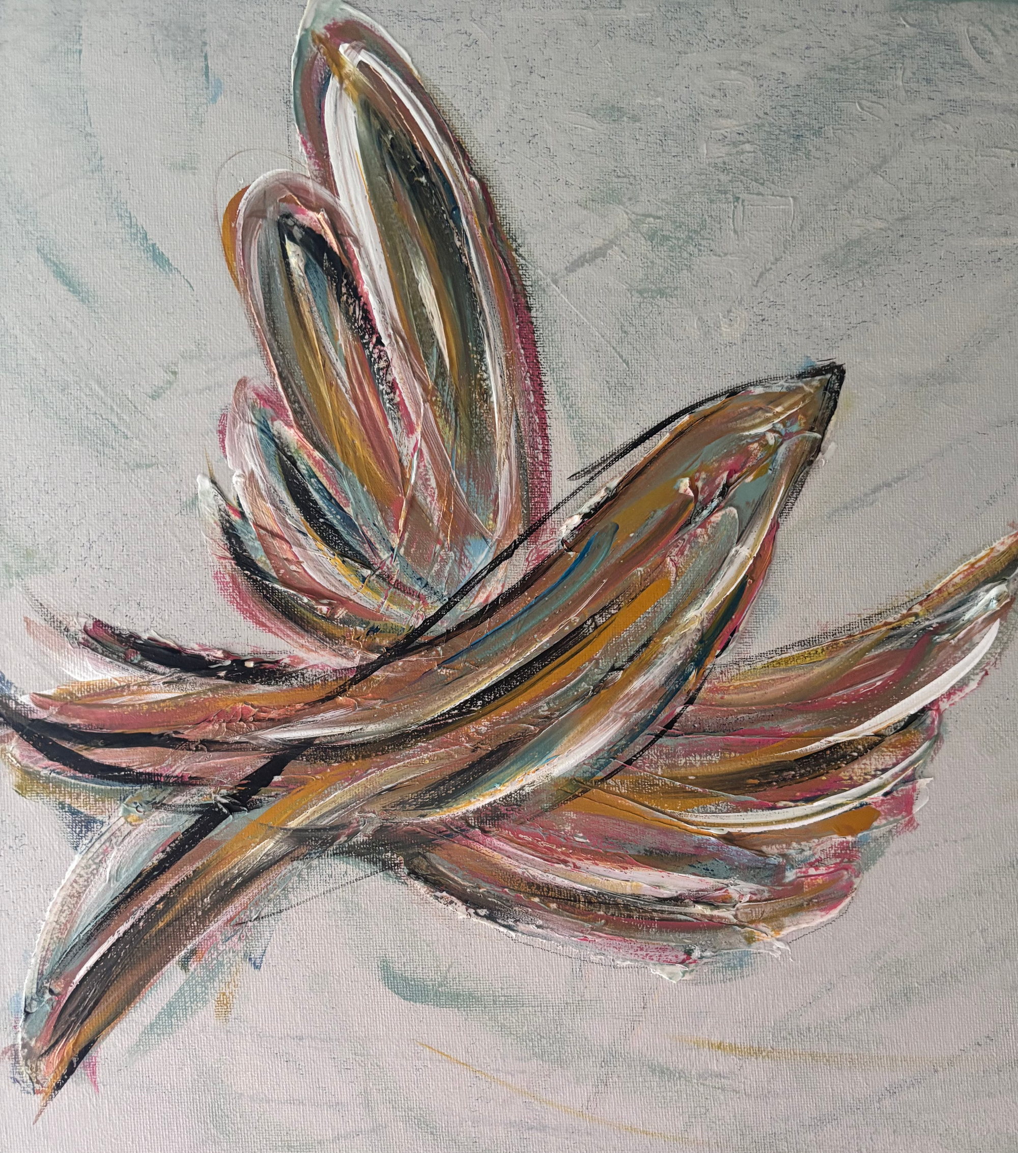 Long curved leaf-and-feather forms in ochre, rose, teal and black, laid on with a knife over a pale gray ground.