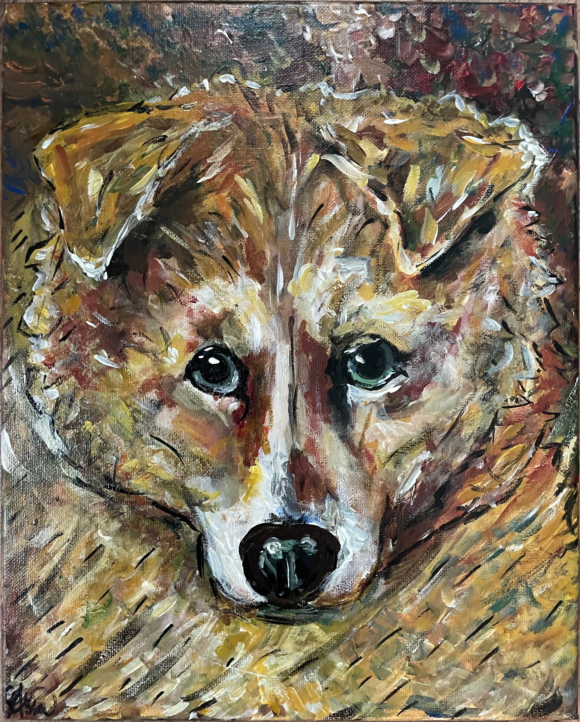 A dog’s head in ochre, cream and rust, built from thick separate dabs of paint.