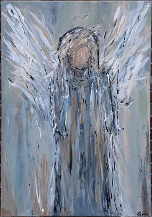 A standing angel in gray and white, the wings laid in long dragged strokes.