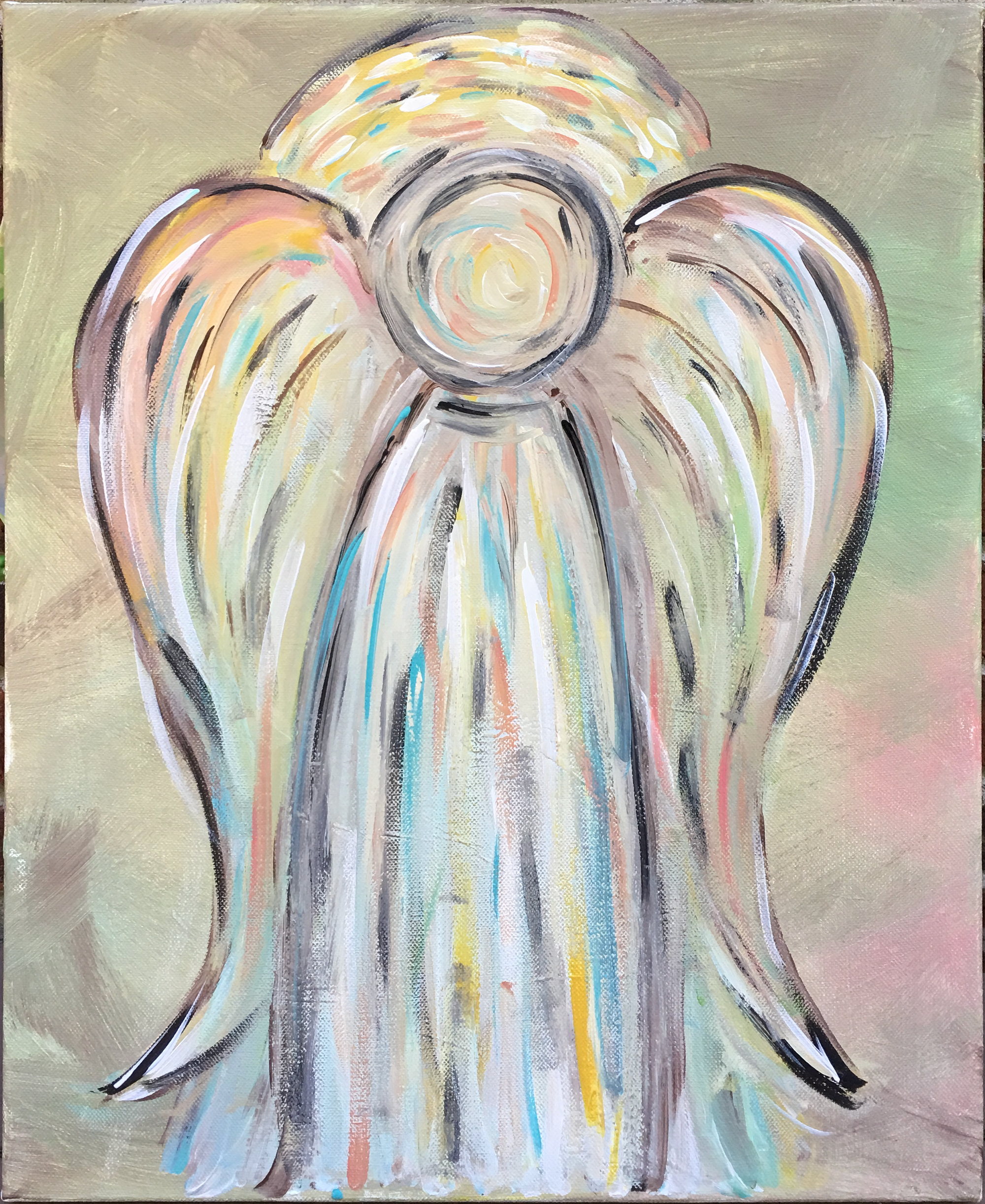 A stylized angel in pastel stripes, wings outlined in black, on a sage and cream ground.