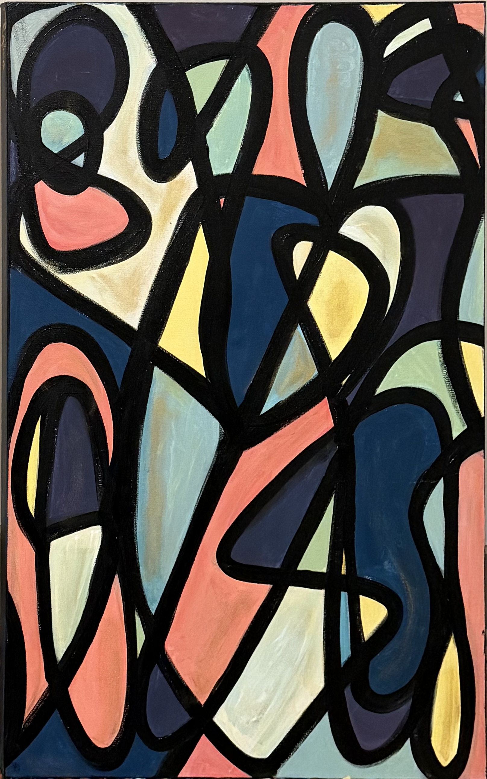 An abstract of coral, navy, sage and yellow shapes drawn apart by heavy black leading.