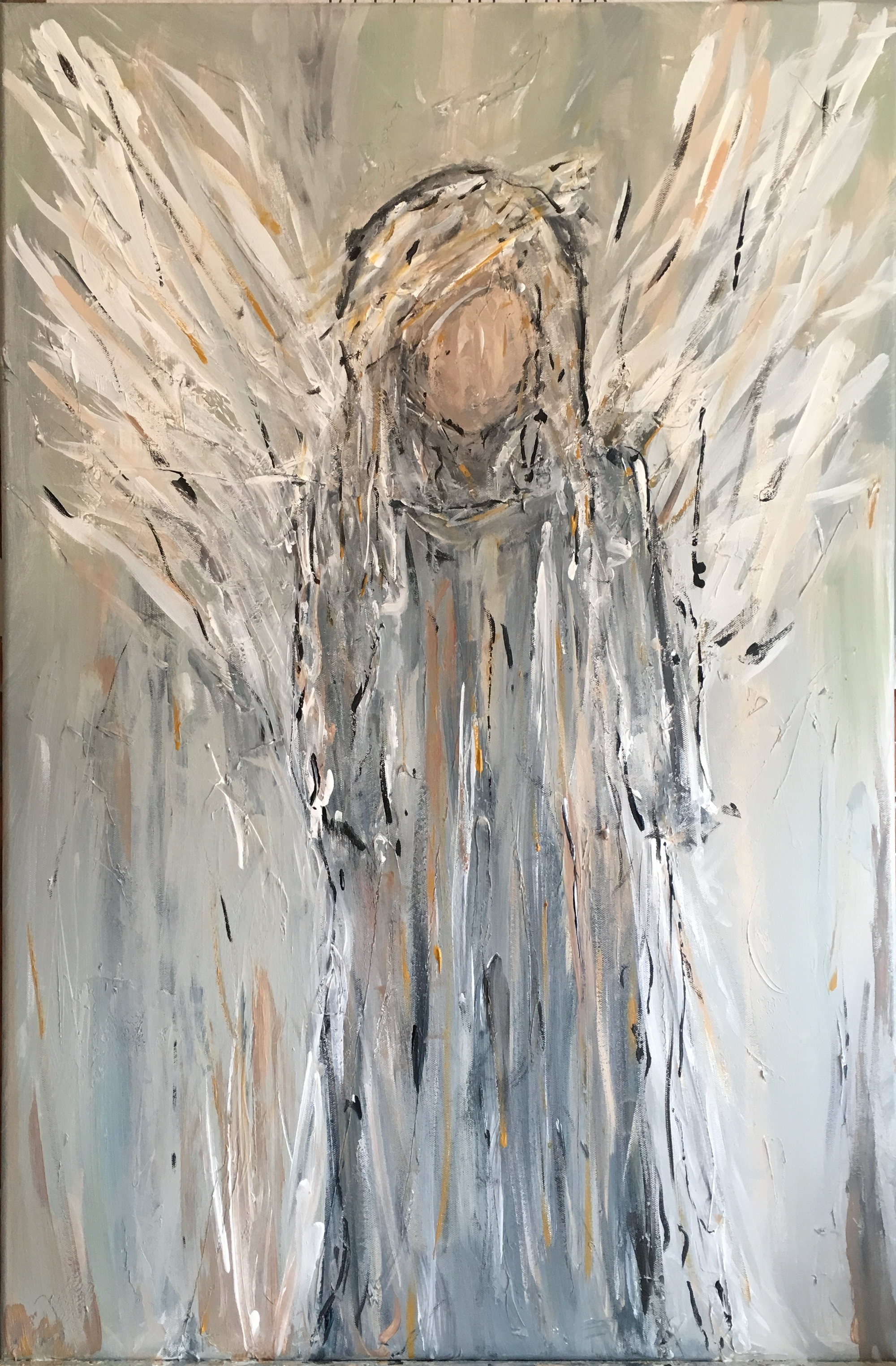 A tall angel in cream, gray and black, the wings brushed in long vertical strokes down the whole canvas.