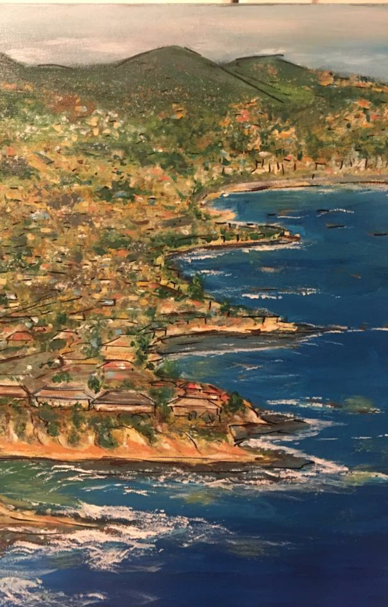 A coastline from above: an ochre town on wooded headlands, deep blue water and surf below.