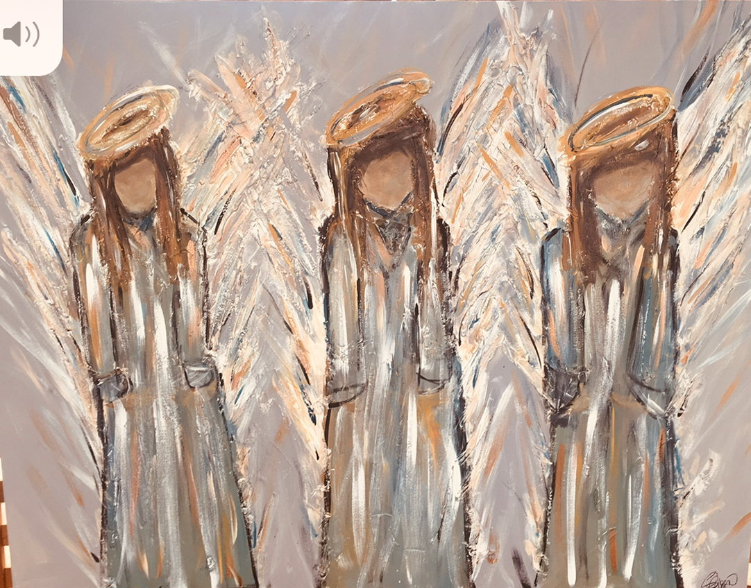 Three standing angels with ochre halos and white wings on a gray ground.