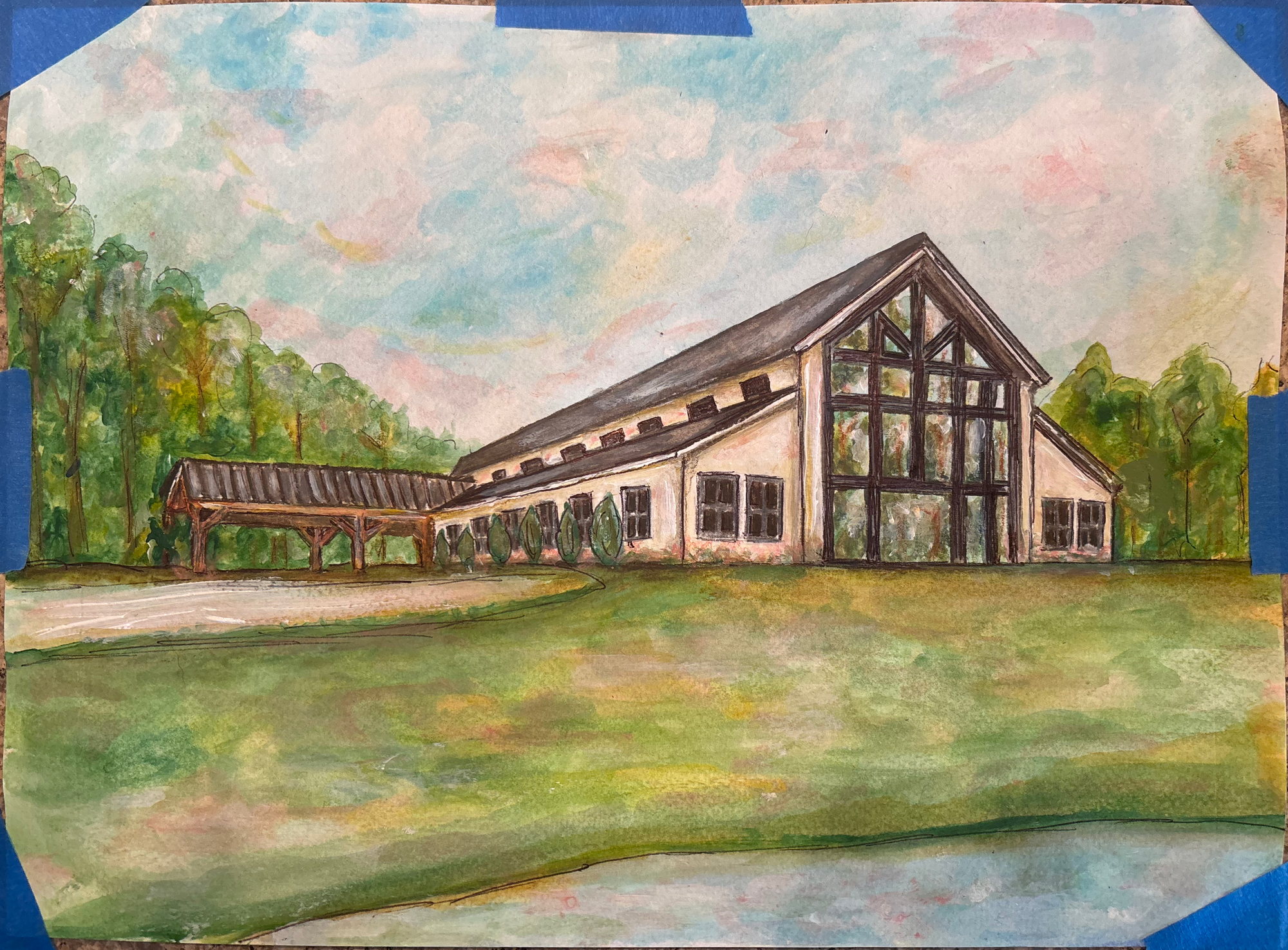 A modern gabled venue with a long boardwalk, painted in watercolor and ink on paper.