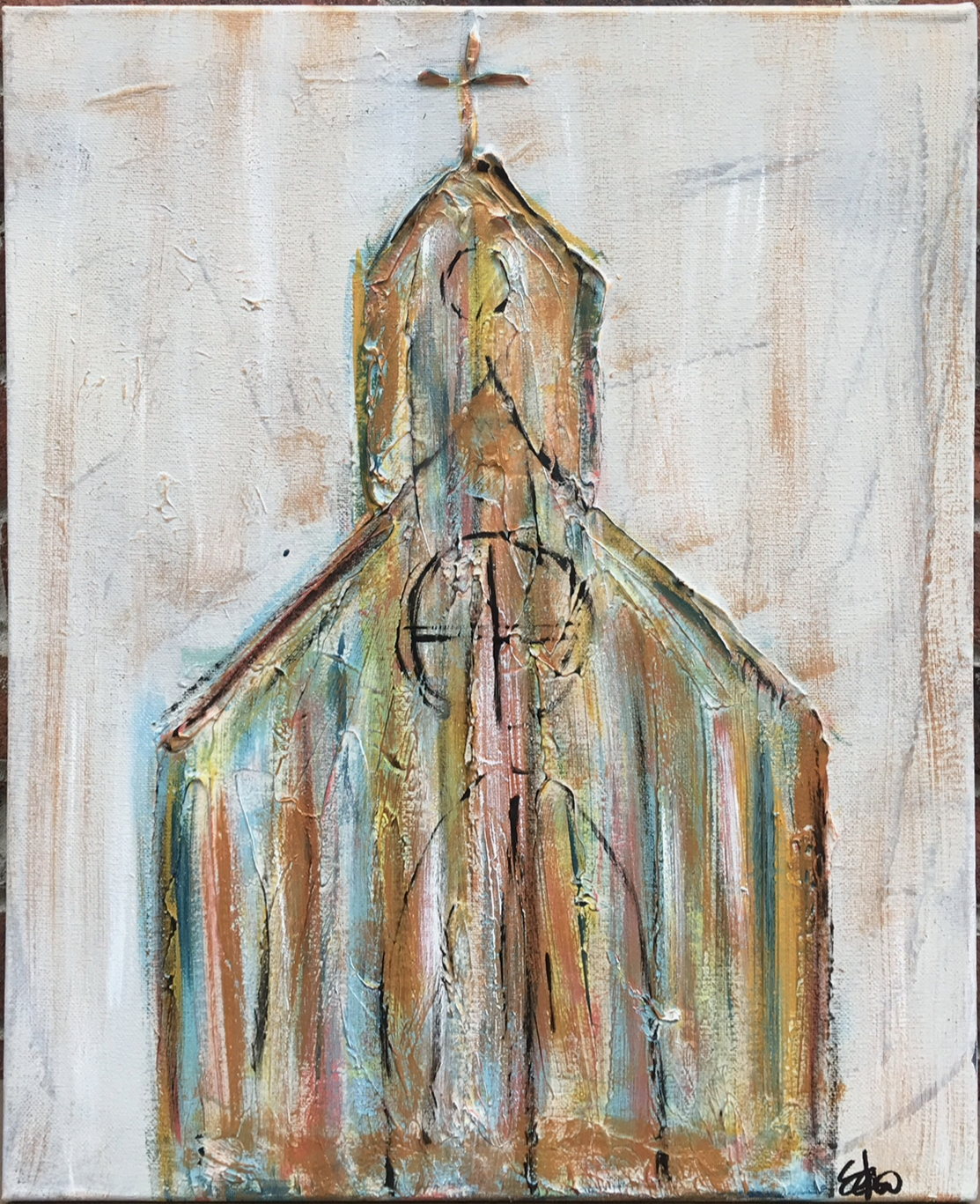 A small country church with a cross on its steeple, drawn in ochre and teal over heavy white texture.